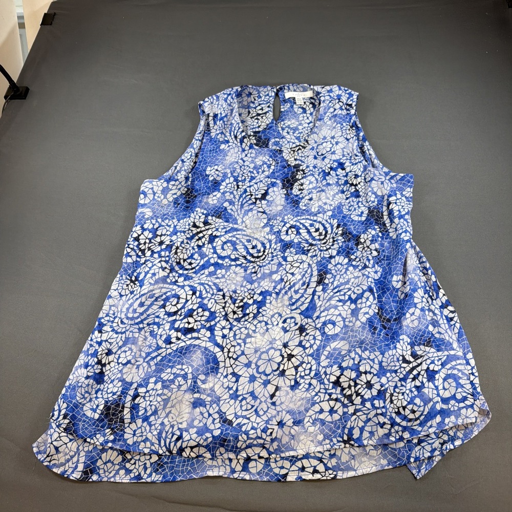 Fever Womens sleeveless blue/white overlay sheer paisley blouse size XL